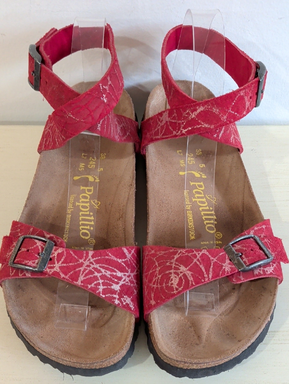 Birkenstock Papillio Red Cross-Strap Ankle Buckle Sandals With Metallic Pattern